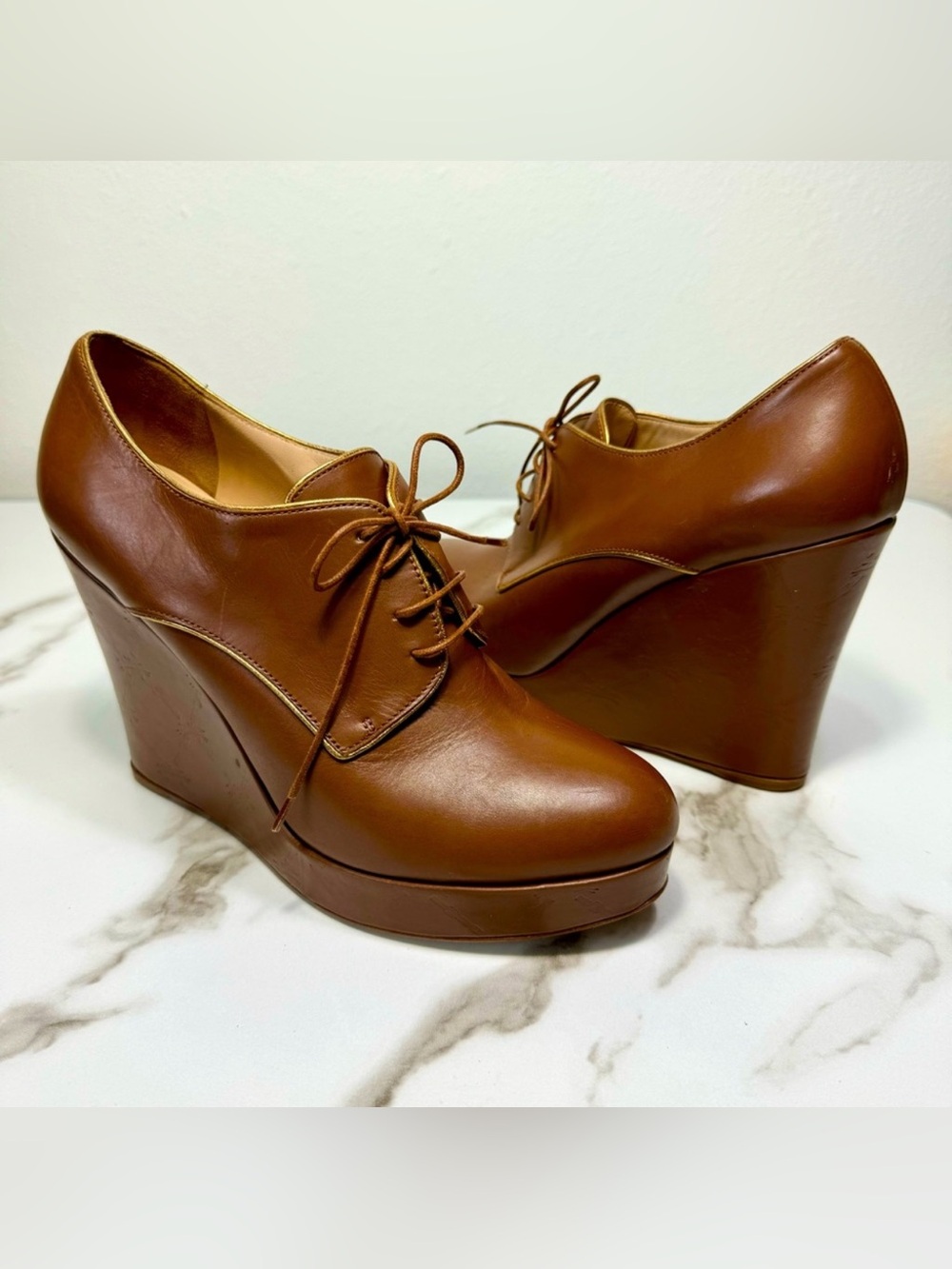 Longchamp Brown Leather Lace up Embossed Logo Platform Derby Pumps Wedges, 9
